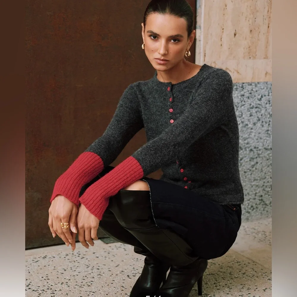 Contrast Cuff Wool-Blend Cardigan - Picture 5 of 7